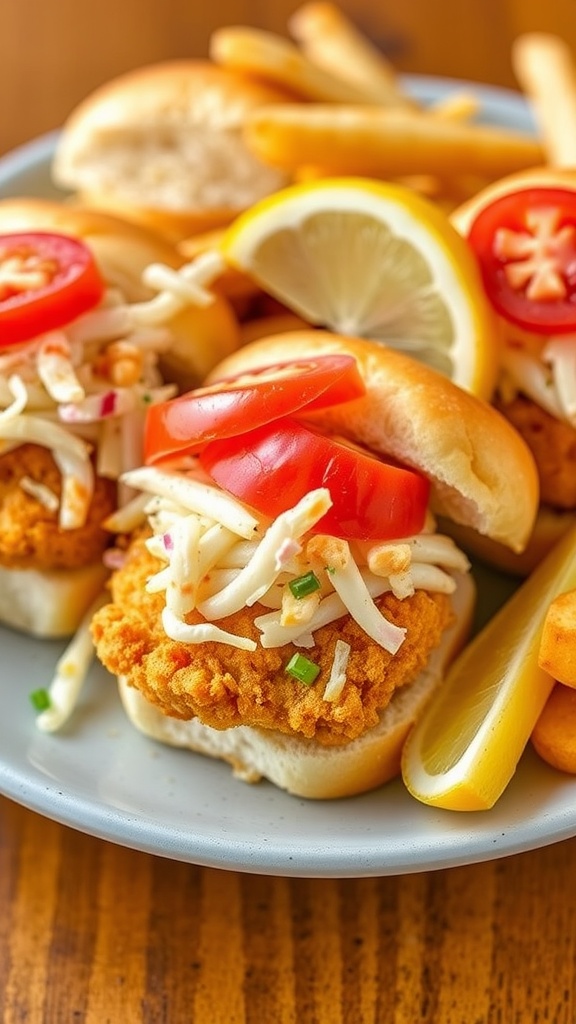 Crispy cod sliders with slaw on a plate, served with lemon and fries.